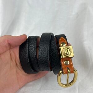 VTG Dooney Bourke Black Pebbled All Weather Leather Belt British Tan Trim Sz M